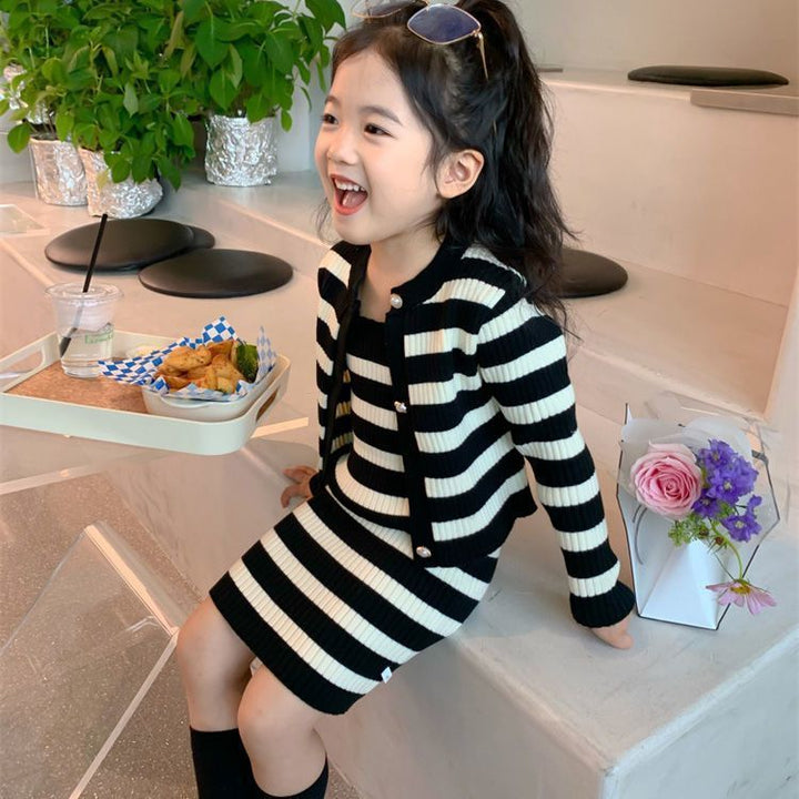 【90-140】ボーダー柄キャミワンピ×カーディガンセット