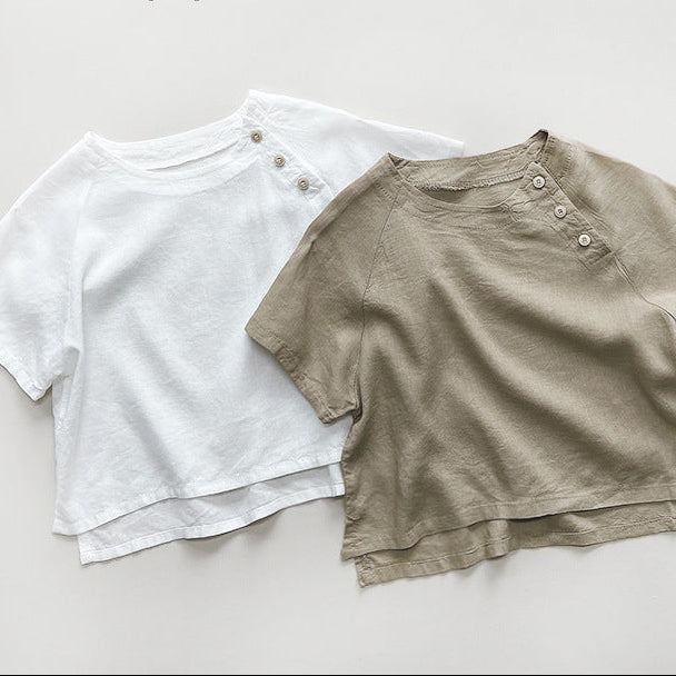 【80-130】ショルダーボタンカジュアルTシャツ
