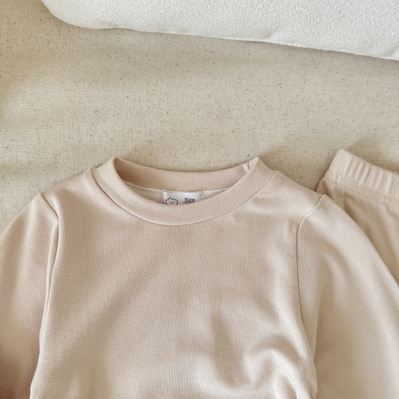 【90-140】ウエストシャーリングトップス×フレアパンツセット