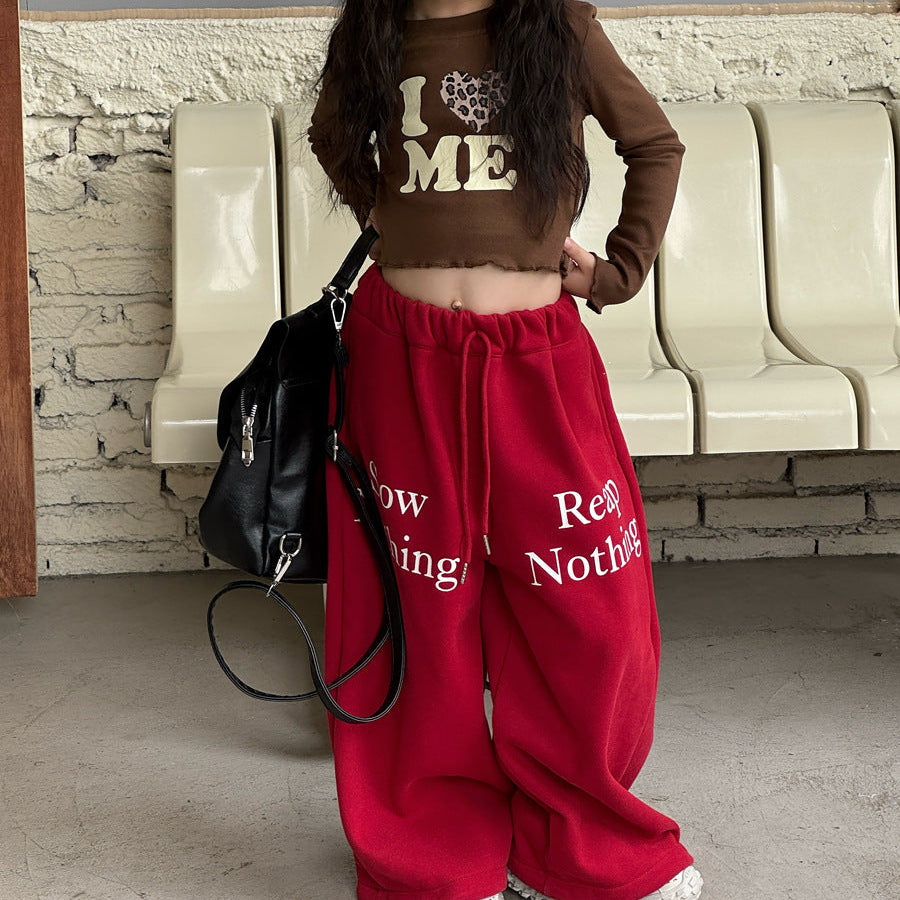 【90-150】ロゴデザイン裏起毛ロングパンツ