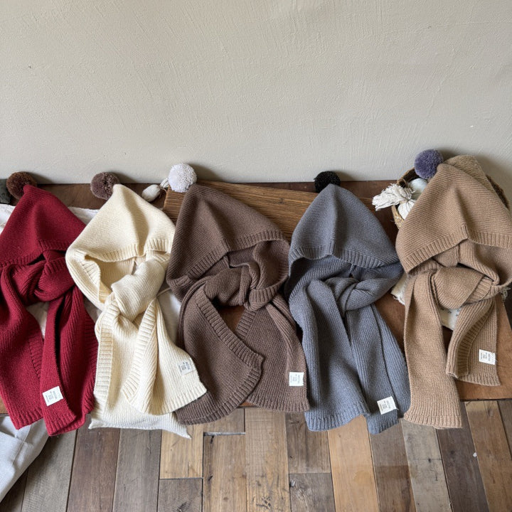 ポンポンフード付きマフラー