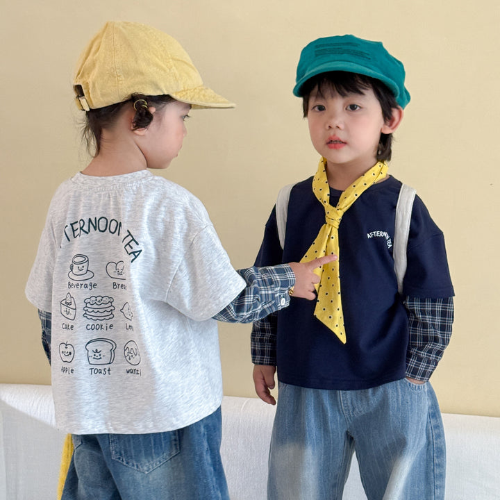 【80-150】バックプリントレイヤード風長袖Tシャツ
