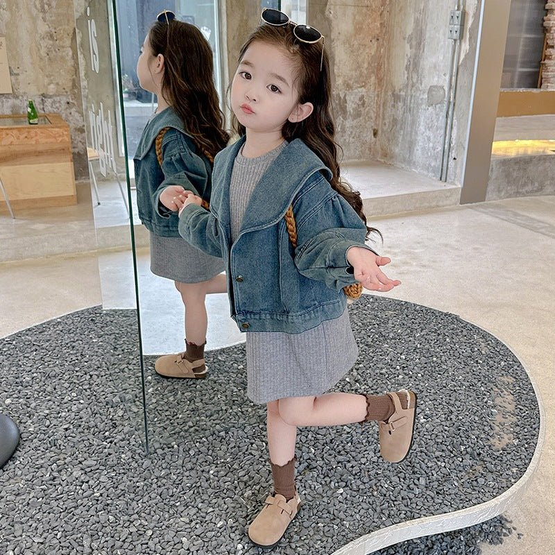 【90-140】ニットワンピース×デニムジャケットセット