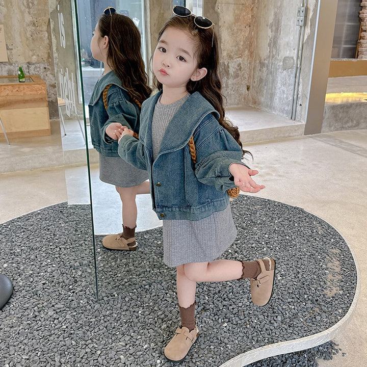 【90-140】ニットワンピース×デニムジャケットセット