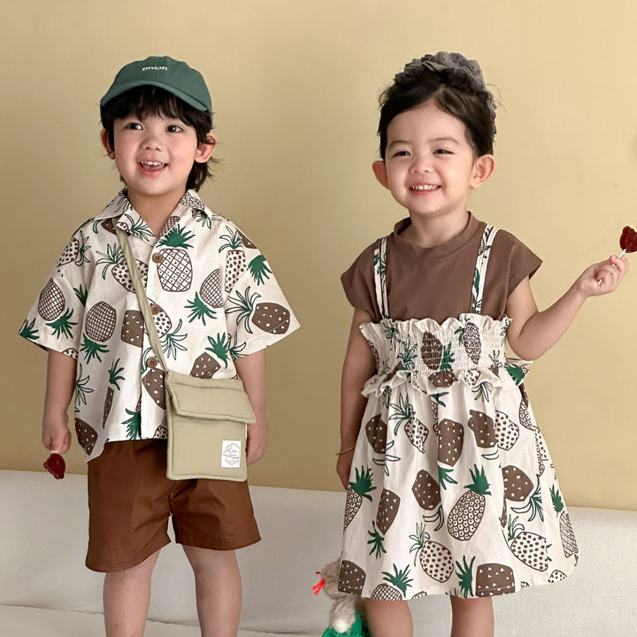 【80-150】パイナップル柄シャツ×ハーフパンツセット