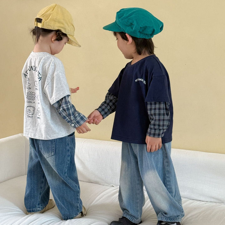 【80-150】バックプリントレイヤード風長袖Tシャツ