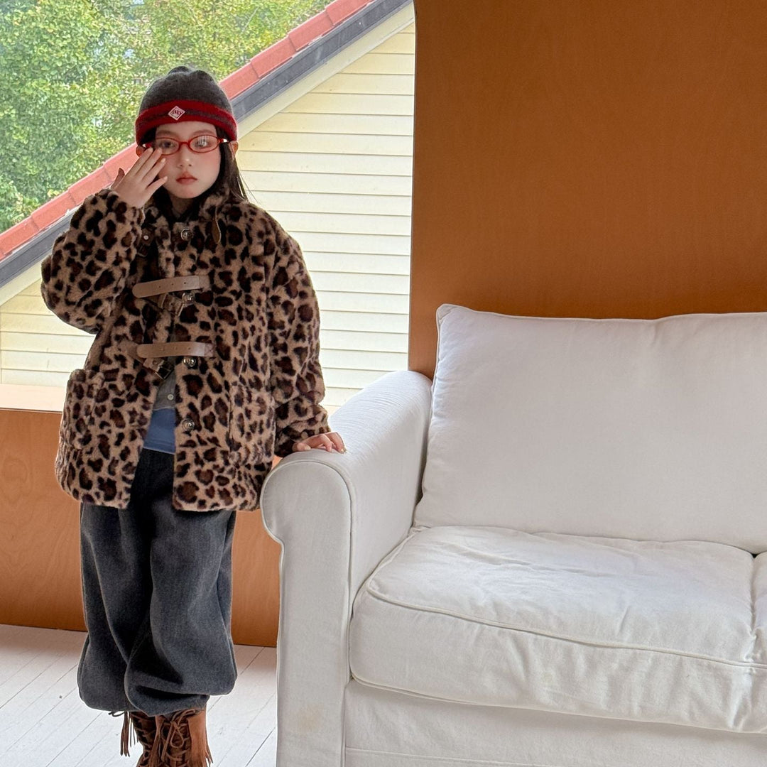 【100-150】レオパード柄スタンドカラーショートコート