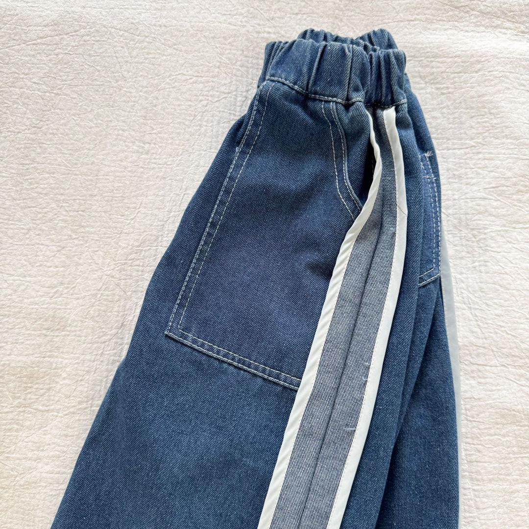 【80-150】ラインデザインワイドデニムパンツ