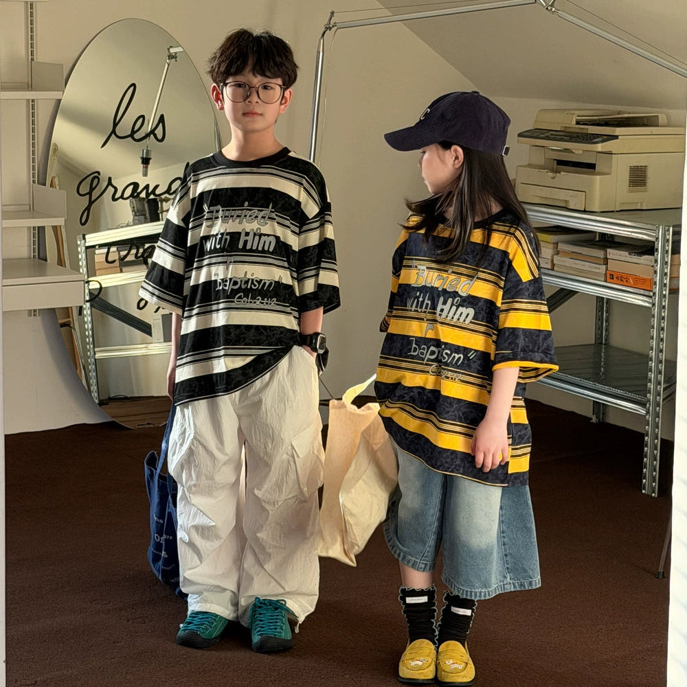 【100-150】英字ロゴデザインボーダー柄Tシャツ