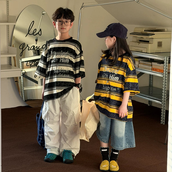 【100-150】英字ロゴデザインボーダー柄Tシャツ
