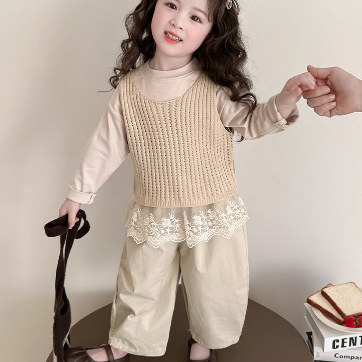【90-140】レースヘムトップス×ベスト×ロングパンツセット