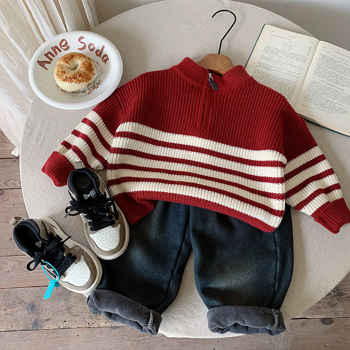 【90-150】ハーフジップパネルボーダーニット