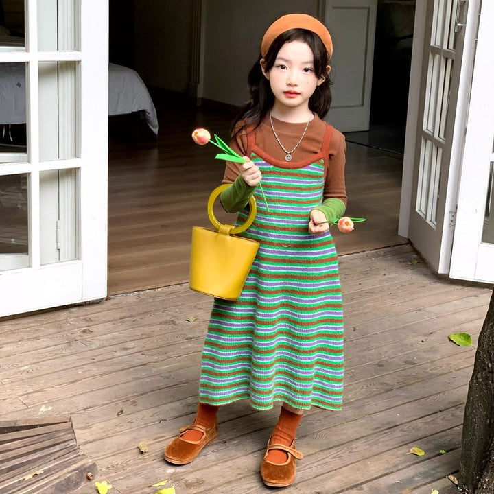 【90-140】マルチボーダーニットワンピース