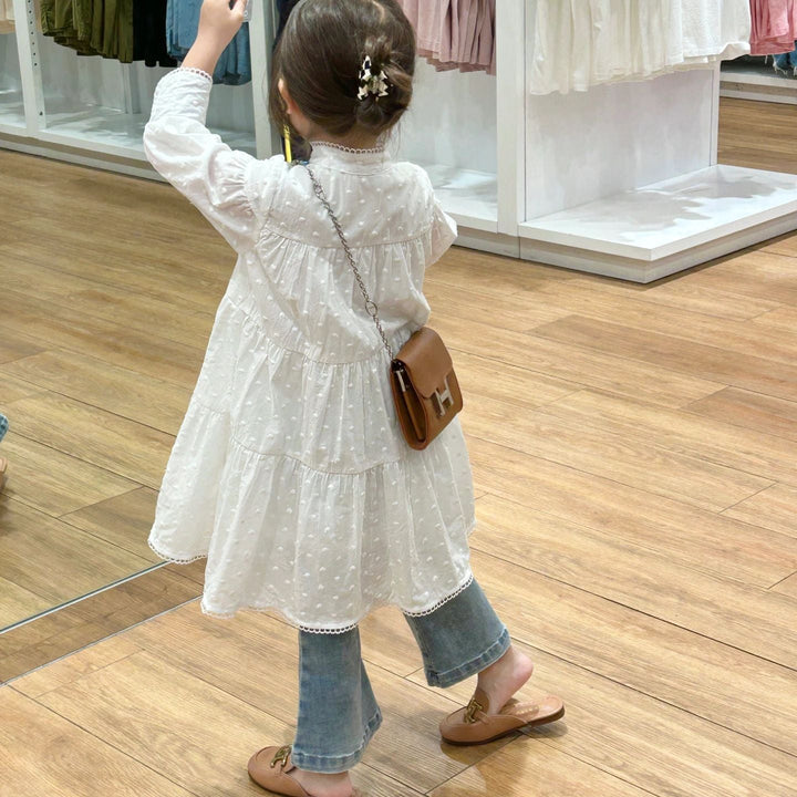 【90-140】スタンドカラースイスドットティアードワンピース