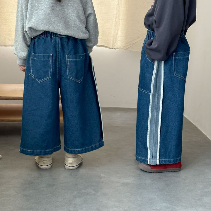 【80-150】ラインデザインワイドデニムパンツ
