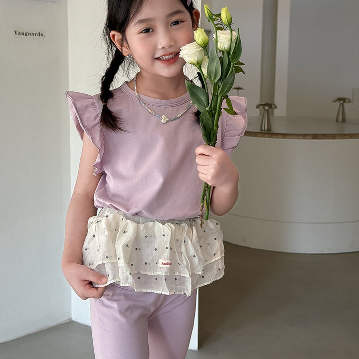 【90-140】ショルダーフリルノースリーブ×フレアパンツセット