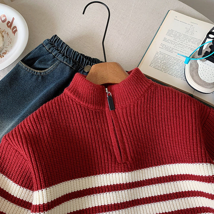 【90-150】ハーフジップパネルボーダーニット