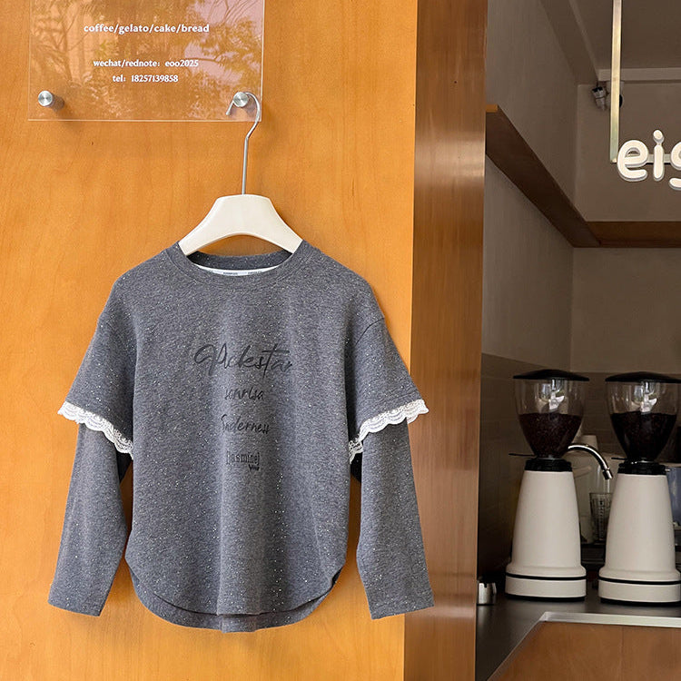 【90-150】レース＆ラメデザイン長袖トップス
