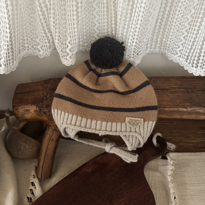 【48-52cm】あご紐付きボーダーニット帽