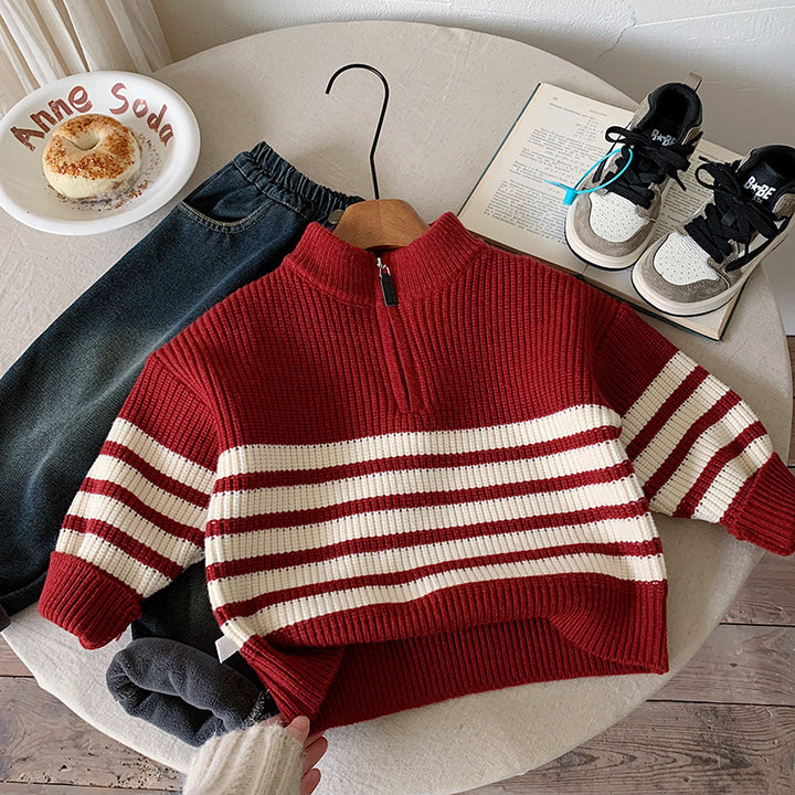 【90-150】ハーフジップパネルボーダーニット