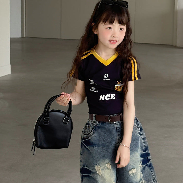 【100-150】ユニフォーム風VネックTシャツ