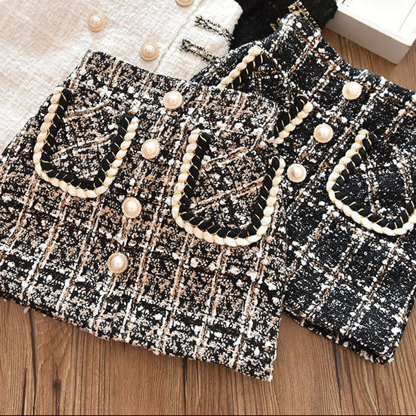 【100-150】ボタンデザインチェック柄ミニスカート