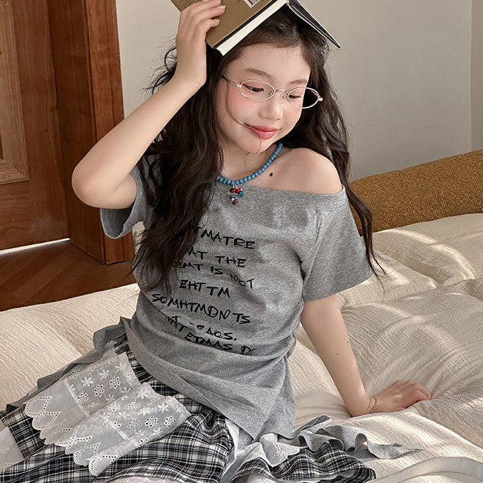 【120-150】英字ロゴウエストシャーリングTシャツ
