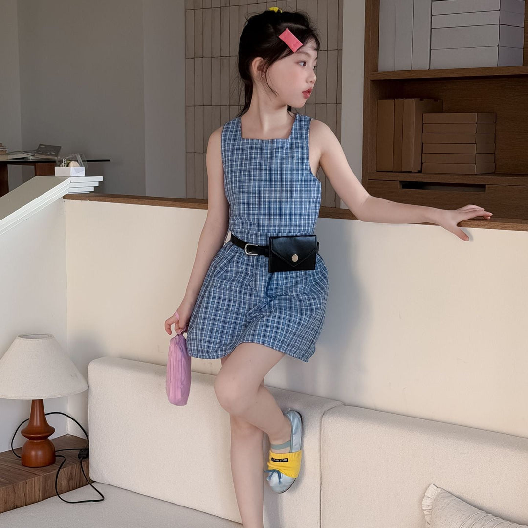 【100-150】チェック柄ノースリーブミニワンピース