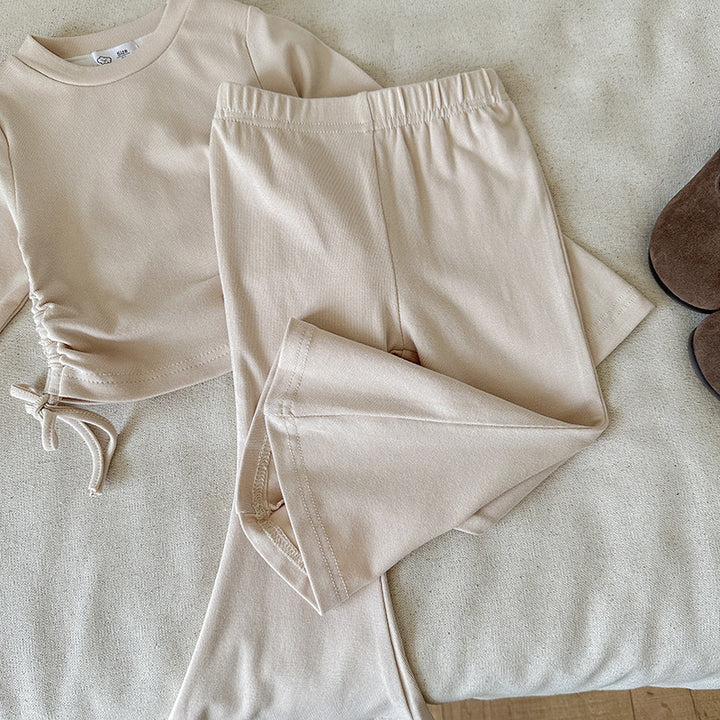 【90-140】ウエストシャーリングトップス×フレアパンツセット