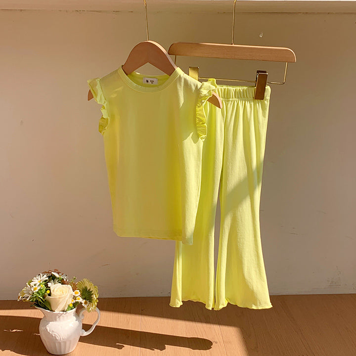 【90-140】ショルダーフリルノースリーブ×フレアパンツセット