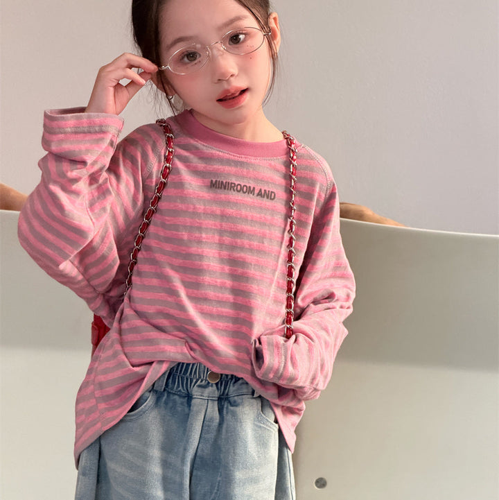 【90-150】ボーダーミニ英字ロゴ長袖Tシャツ
