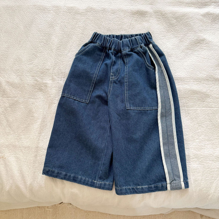 【80-150】ラインデザインワイドデニムパンツ