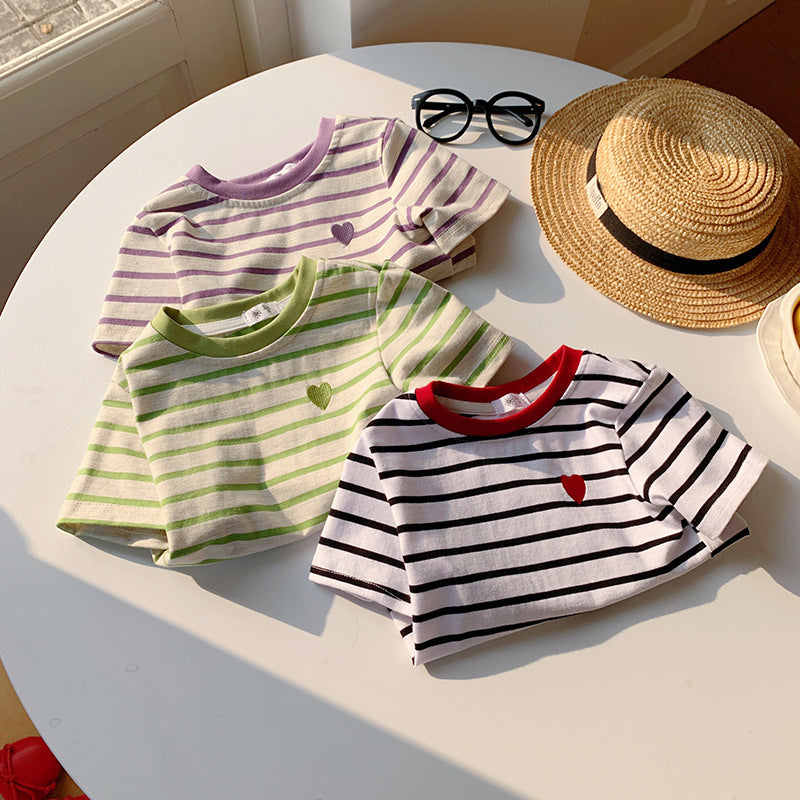 【90-150】ボーダー柄ワンポイントハートTシャツ