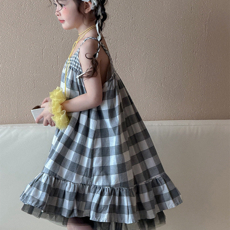 【90-150】フリルヘムギンガムチェックキャミワンピース