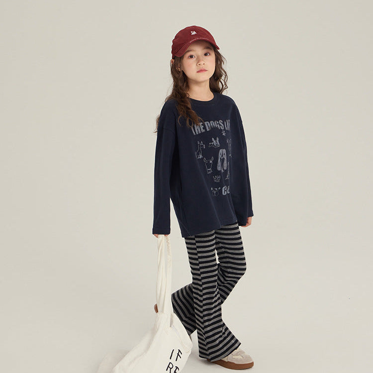 【90-150】ボーダー柄フレアロングパンツ