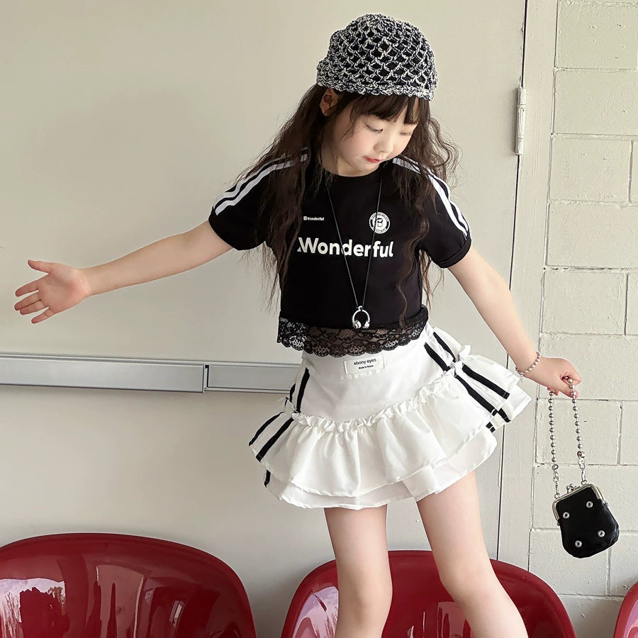 【100-150】レースヘムショート丈Tシャツ