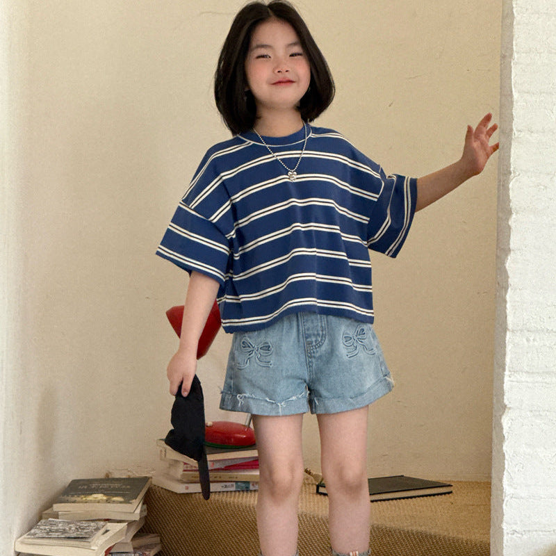 【120-150】ダブルリボンロールアップデニムショートパンツ