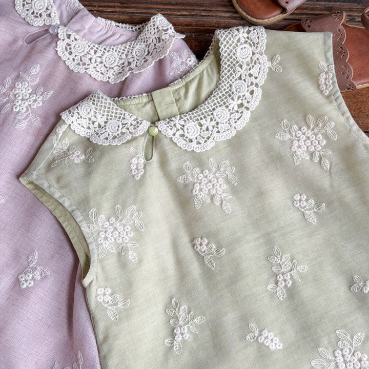 【100-150】レースカラー花柄刺繍ワンピース
