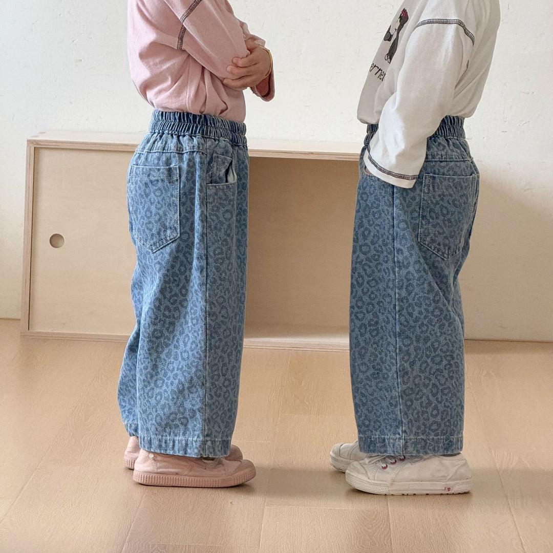 【80-150】レオパード柄ロングデニムパンツ