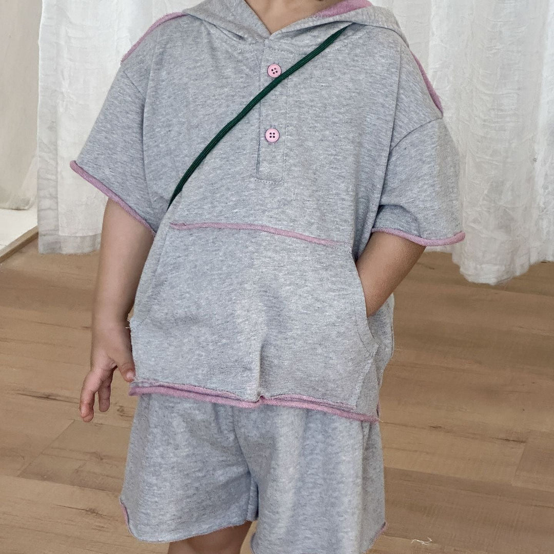 【80-150】ハーフボタンフーディートップス×ハーフパンツセット