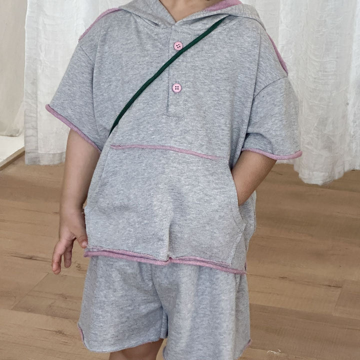 【80-150】ハーフボタンフーディートップス×ハーフパンツセット