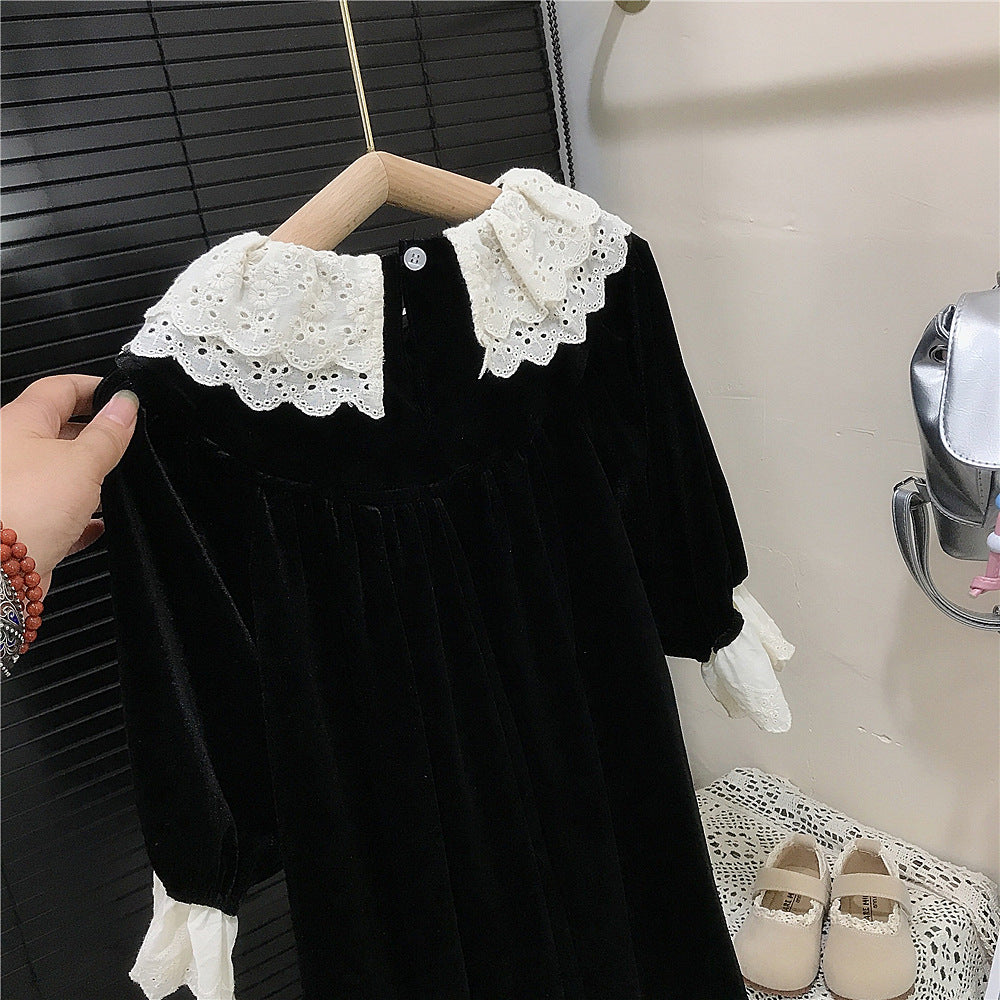 【90-140】レースデザイン長袖ワンピース