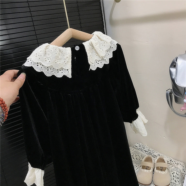 【90-140】レースデザイン長袖ワンピース