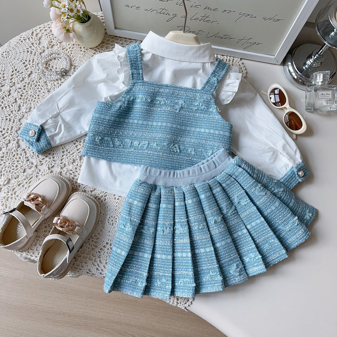 【90-140】肩フリルブラウス×ベスト×プリーツスカートセット