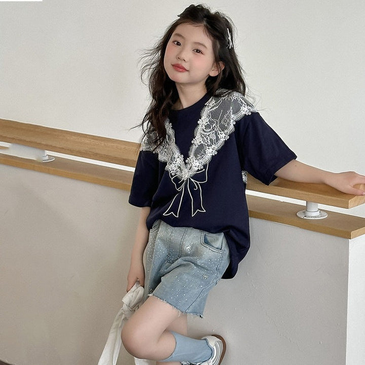 【120-150】レース＆リボンデザインTシャツ