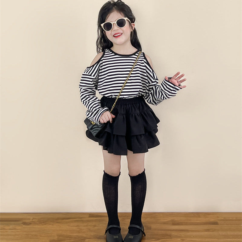 【90-140】ボーダー肩開きトップス