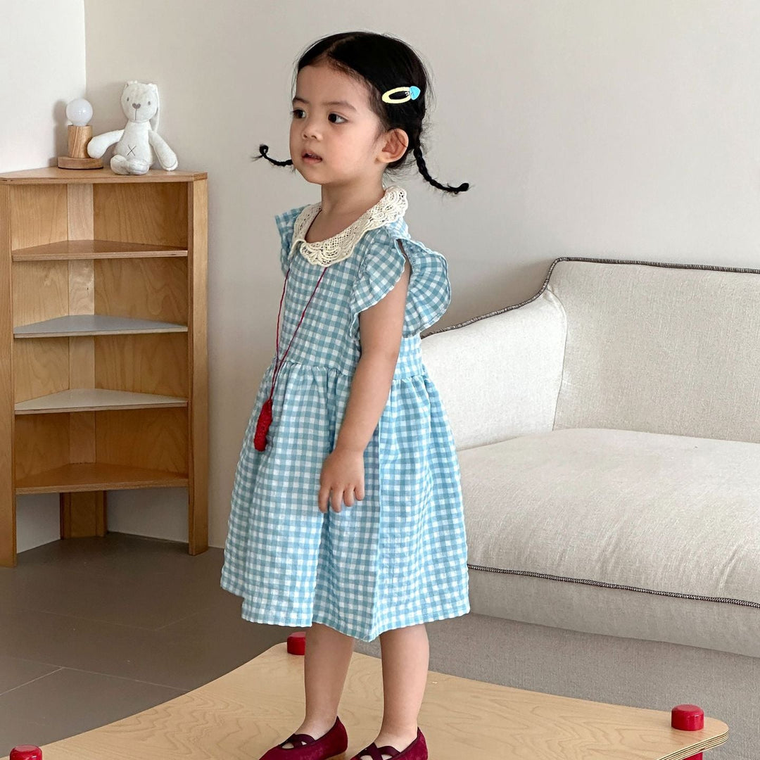 【80-150】レースカラーギンガムチェックワンピース