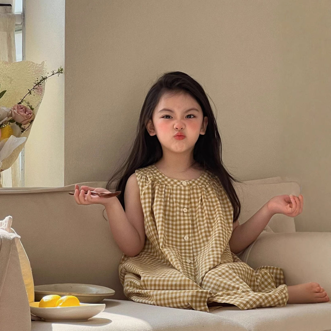 【90-150】ギンガムチェックノースリーブシャツワンピース