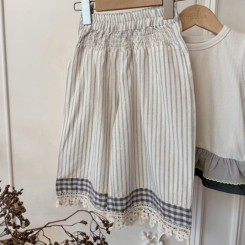 【90-150】花柄レースヘムロングパンツ