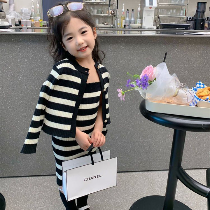 【90-140】ボーダー柄キャミワンピ×カーディガンセット